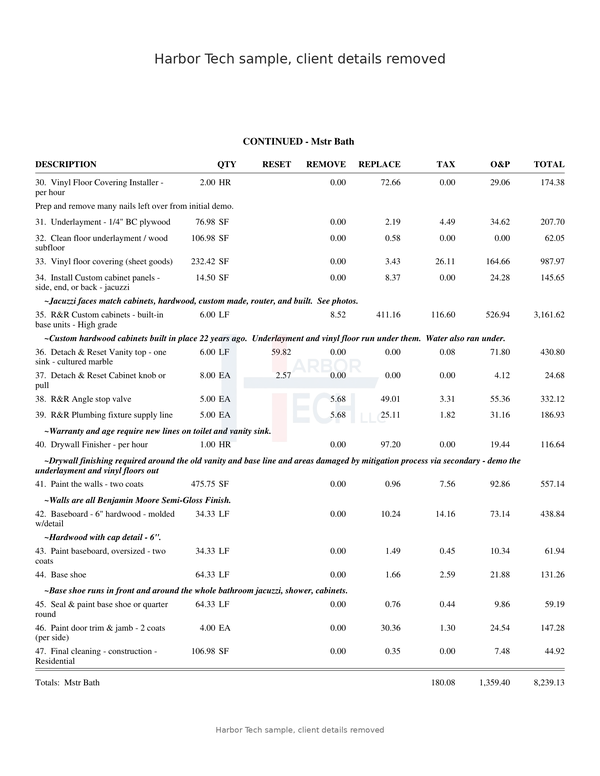 Sample full Xactimate estimate, rebuild page
