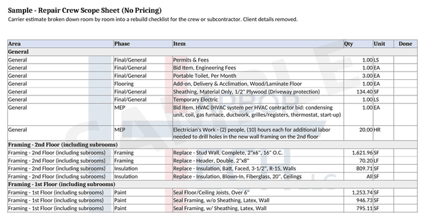 Sample unpriced repair and rebuild scope sheet